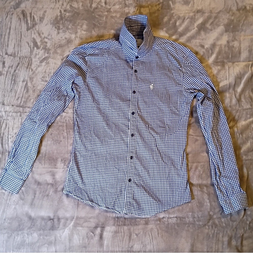 Father‎ Sons Mens Blue Gingham Stretch Slim Fit Muscle Long Sleeve Shirt Medium